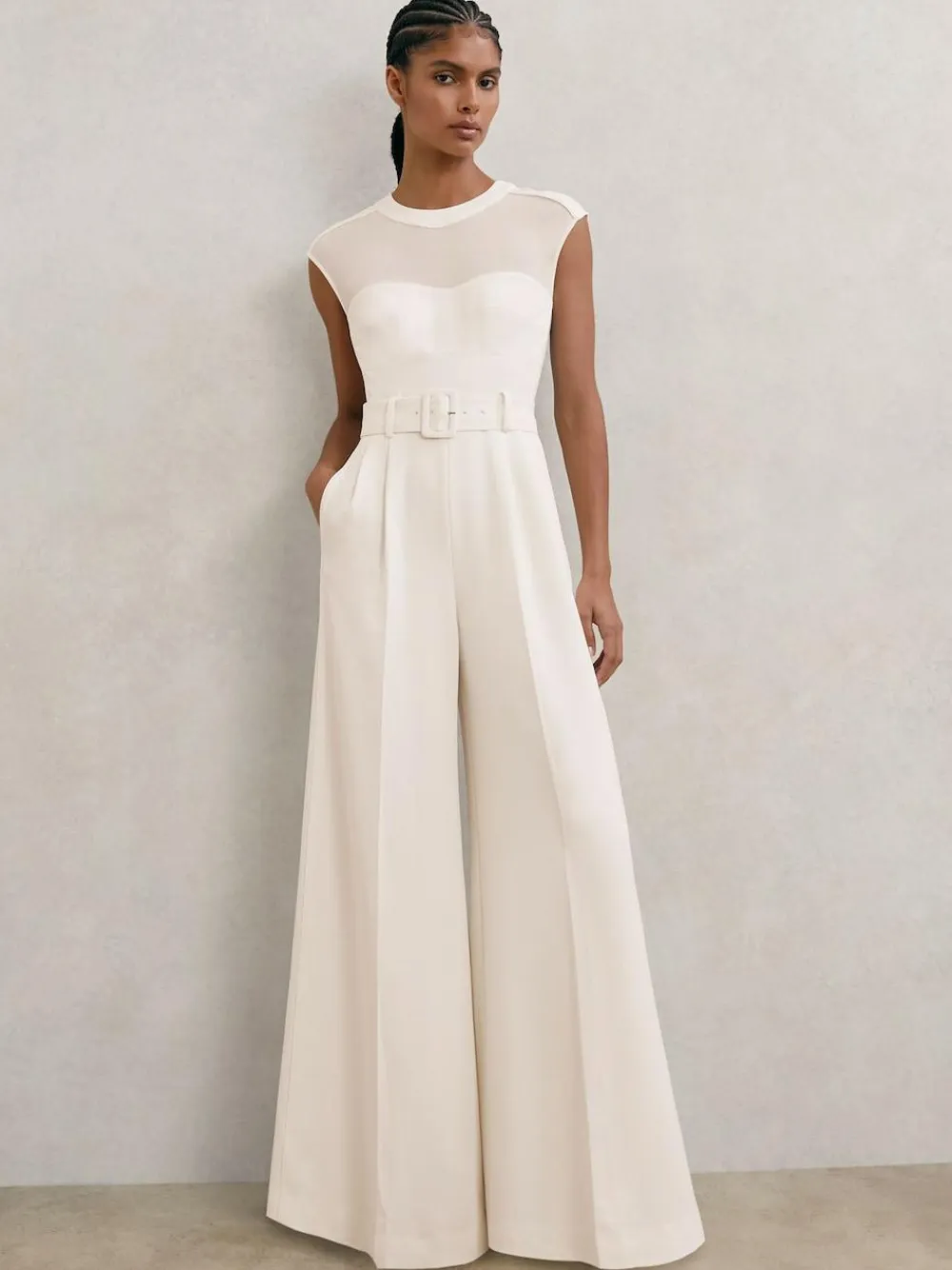Reiss Ivory Alba Sheer-Panel Wide-Leg Belted Jumpsuit^Women Jumpsuits & Playsuits