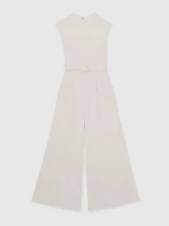 Reiss Ivory Alba Sheer-Panel Wide-Leg Belted Jumpsuit^Women Jumpsuits & Playsuits