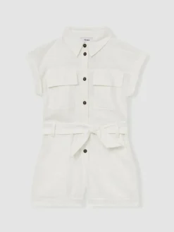 Clearance Reiss Ivory Zoe 4-9 yrs Cotton-Linen Belted Playsuit