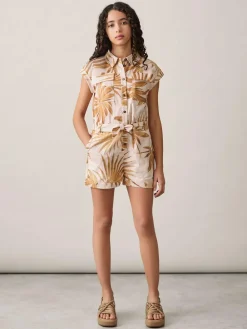 Clearance Reiss Multi Zoey 9-13 yrs Cotton-Linen Palm-Print Playsuit