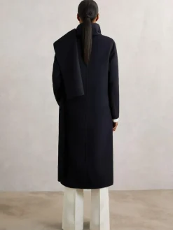 New Reiss Indira Wool-Blend Scarf Blindseam Coat Navy