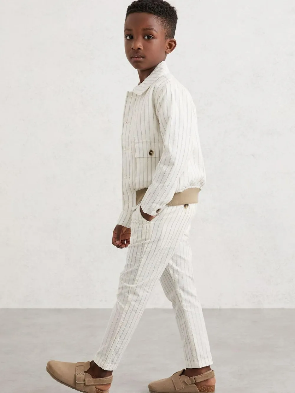 New Reiss Off White/Taupe Brown Easton 3-9 yrs Cotton Pinstripe Trousers Regular-Fit