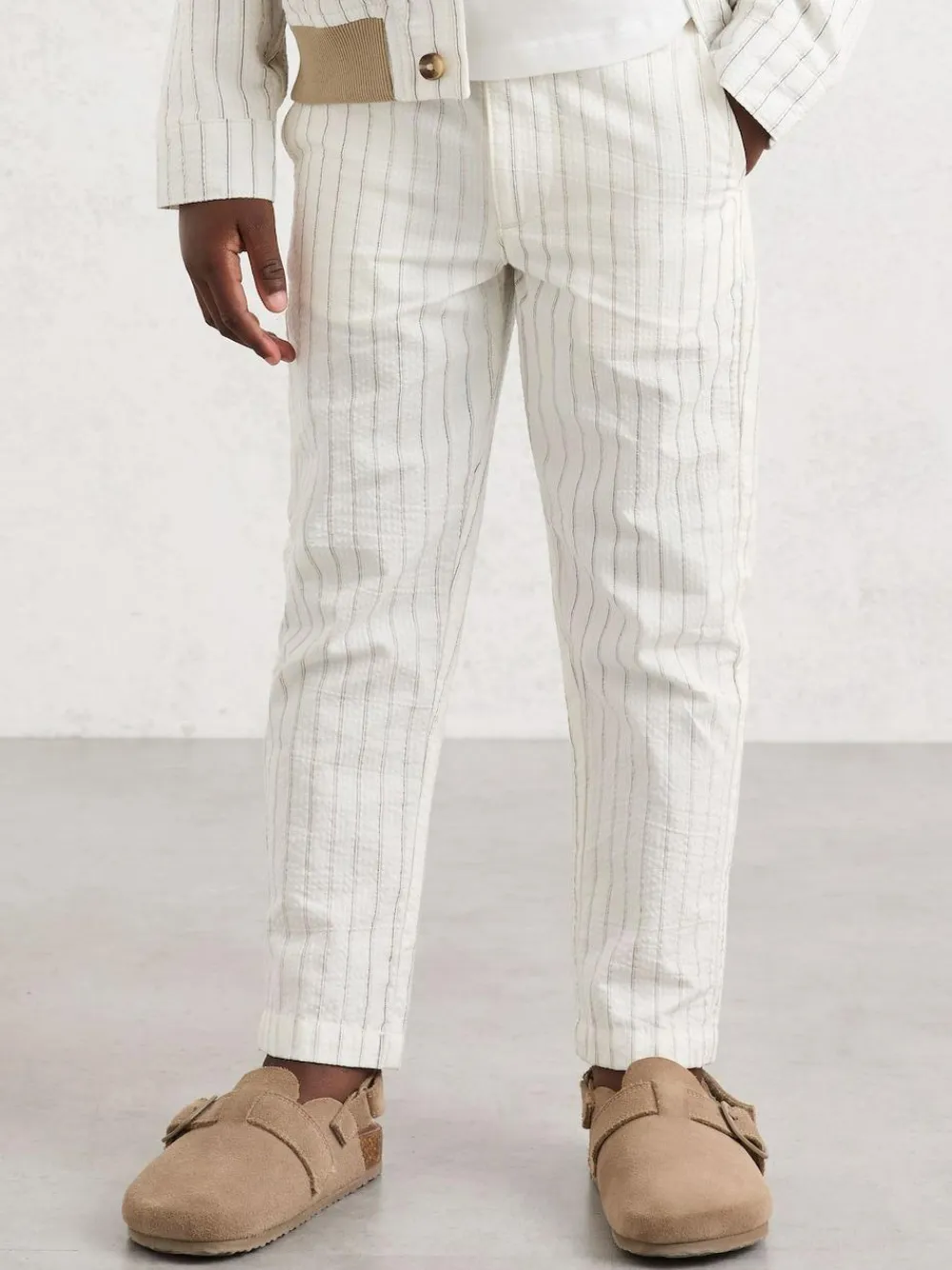 New Reiss Off White/Taupe Brown Easton 3-9 yrs Cotton Pinstripe Trousers Regular-Fit