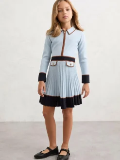 Reiss Anne 3-9 yrs Pleated Tipped Knit Dress Pale Blue