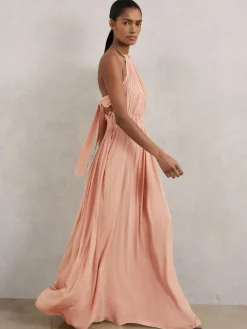 Reiss Pink Vinnie Ring-Detail Halterneck Maxi Dress