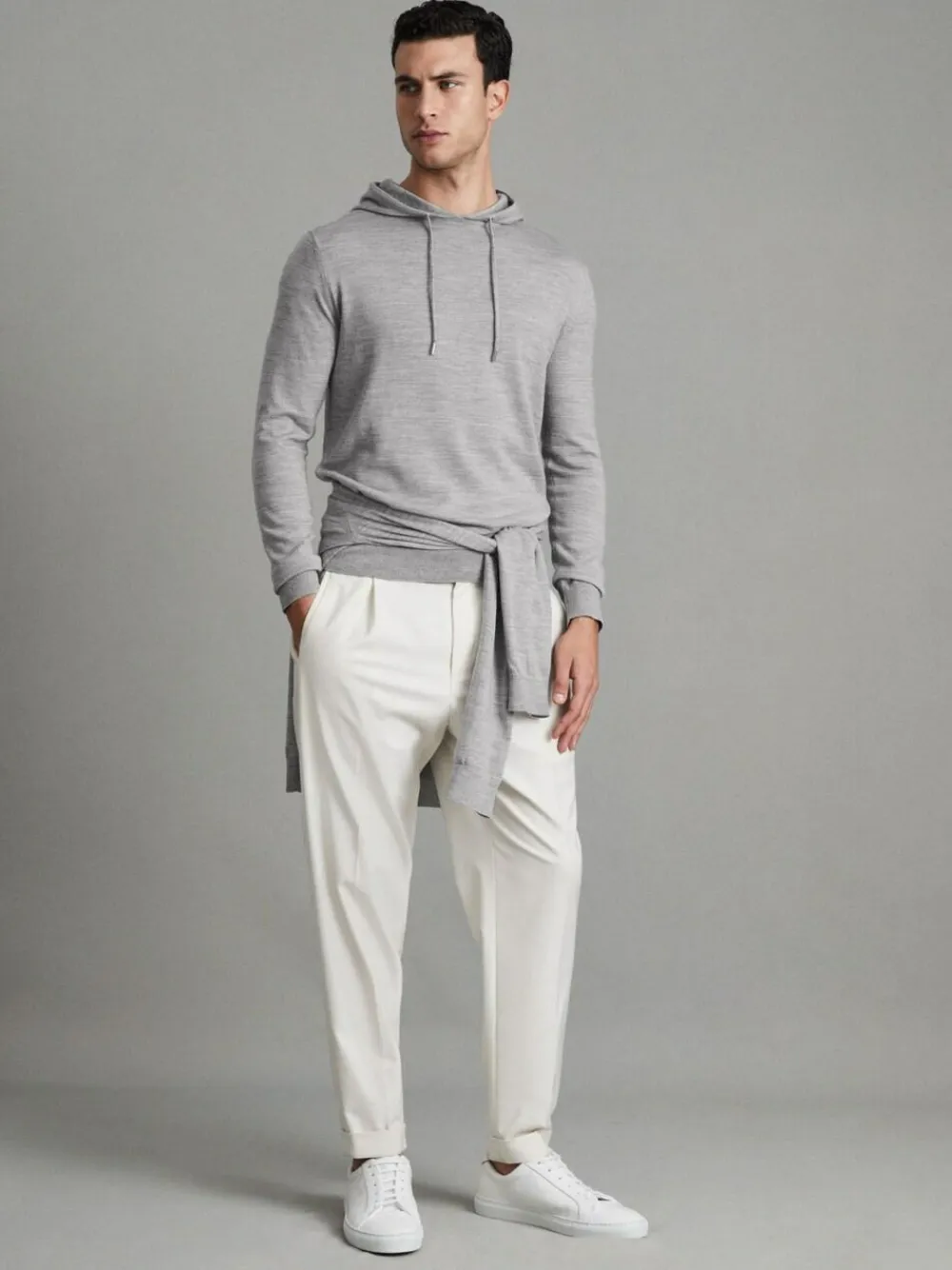 Reiss Soft Grey Mouline Holland Merino Wool Drawstring Hoodie^ Loungewear