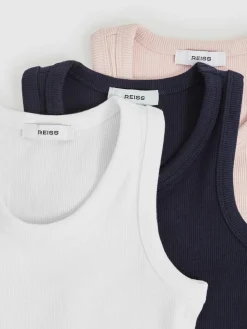 Reiss White/Pink/Navy Violet 3 Pack 9-13 yrs Stretch-Cotton Ribbed Vests
