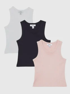 Reiss White/Pink/Navy Violet 3 Pack 9-13 yrs Stretch-Cotton Ribbed Vests