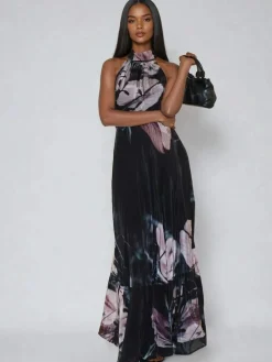 Discount Religion Black Florence Halterneck Maxi Dress With Sash Detail In Dark Floral