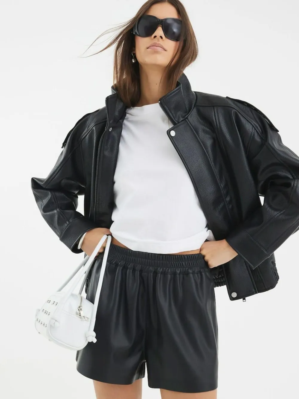 River Island Black Elasticated Faux Leather Shorts^Women Shorts