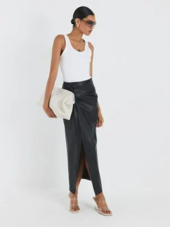 River Island Black Faux Leather Twist Side Midi Skirt^Women Skirts
