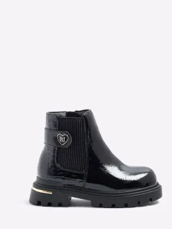 River Island Black Patent Heart Print Strap Chelsea Boots^ Baby Boots|Boots