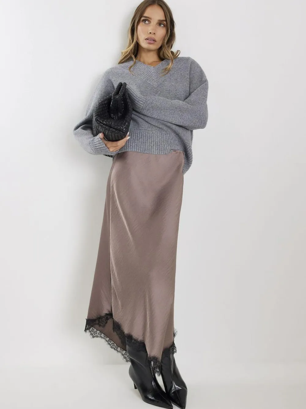 River Island Grey Satin Skirt With Lace^Women Skirts