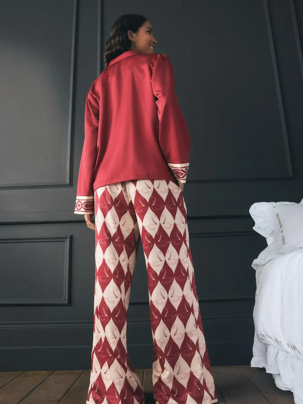 Discount Rockett St George Red Argyle Swan Textured Satin Button Through Pyjamas