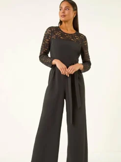Roman Black Petite Lace Contrast Stretch Jumpsuit^Women Jumpsuits & Playsuits