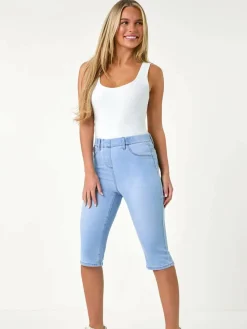 Discount Roman Blue Stretch Knee Length Pedal Pusher Shorts
