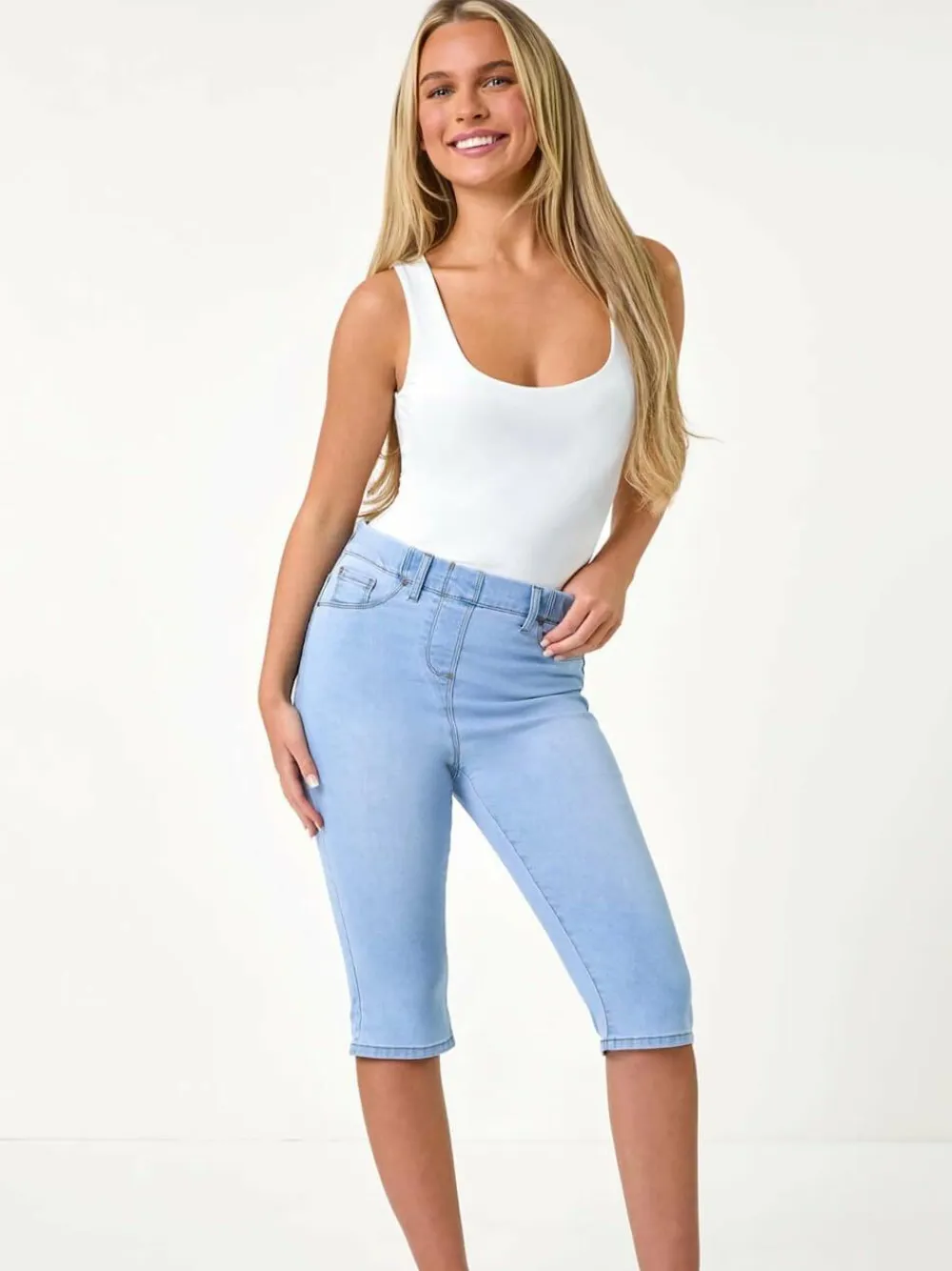 Discount Roman Blue Stretch Knee Length Pedal Pusher Shorts