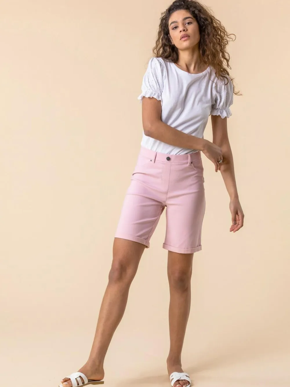 Roman Light Pink Turned Hem Stretch Shorts^Women Shorts