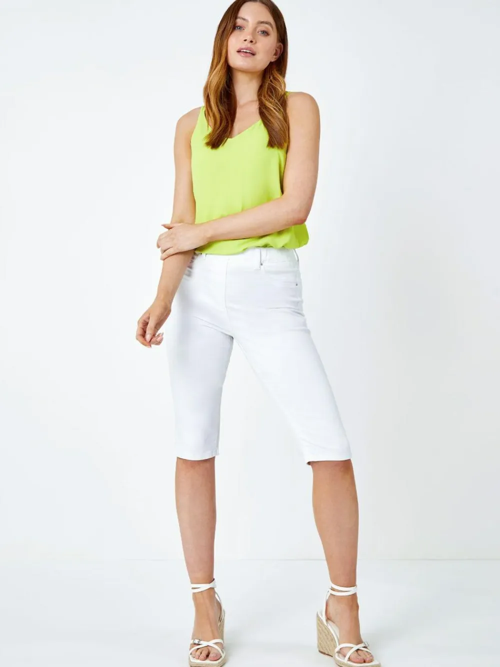 Clearance Roman White Denim Stretch Knee Length Pedal Pusher Trousers