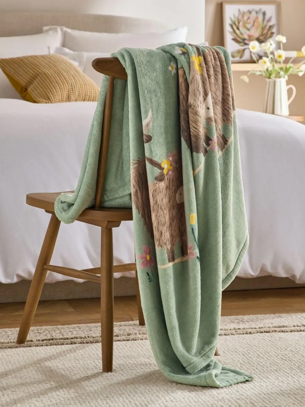 Next Sage Green Hamish The Highland Cow Spring Printed Fleece Throw^ Cushions & Throws