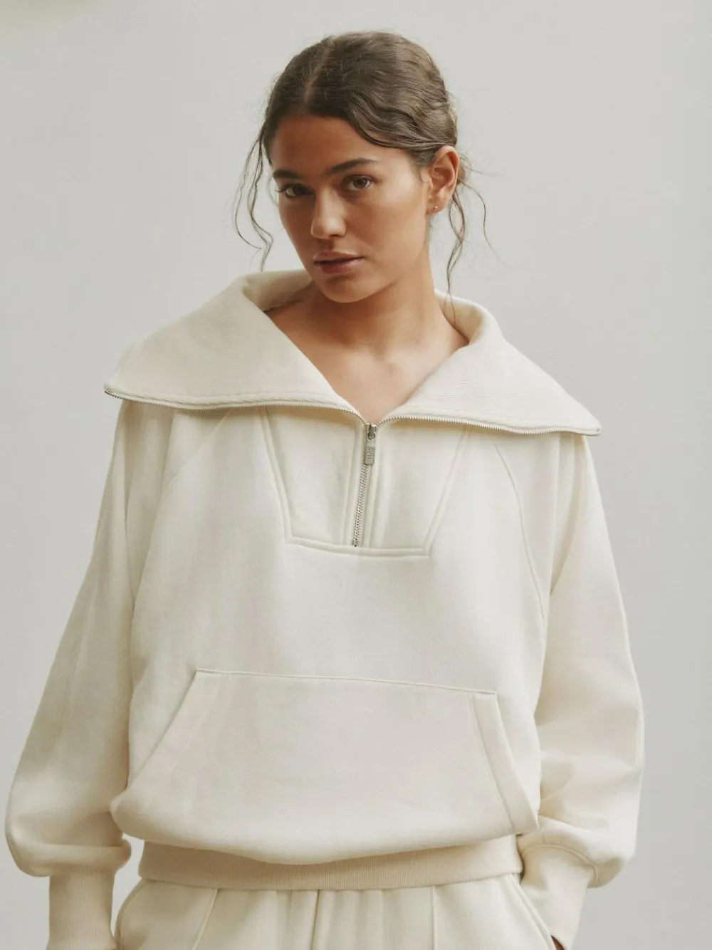 New self. Ecru Half Zip Collar Sweatshirt