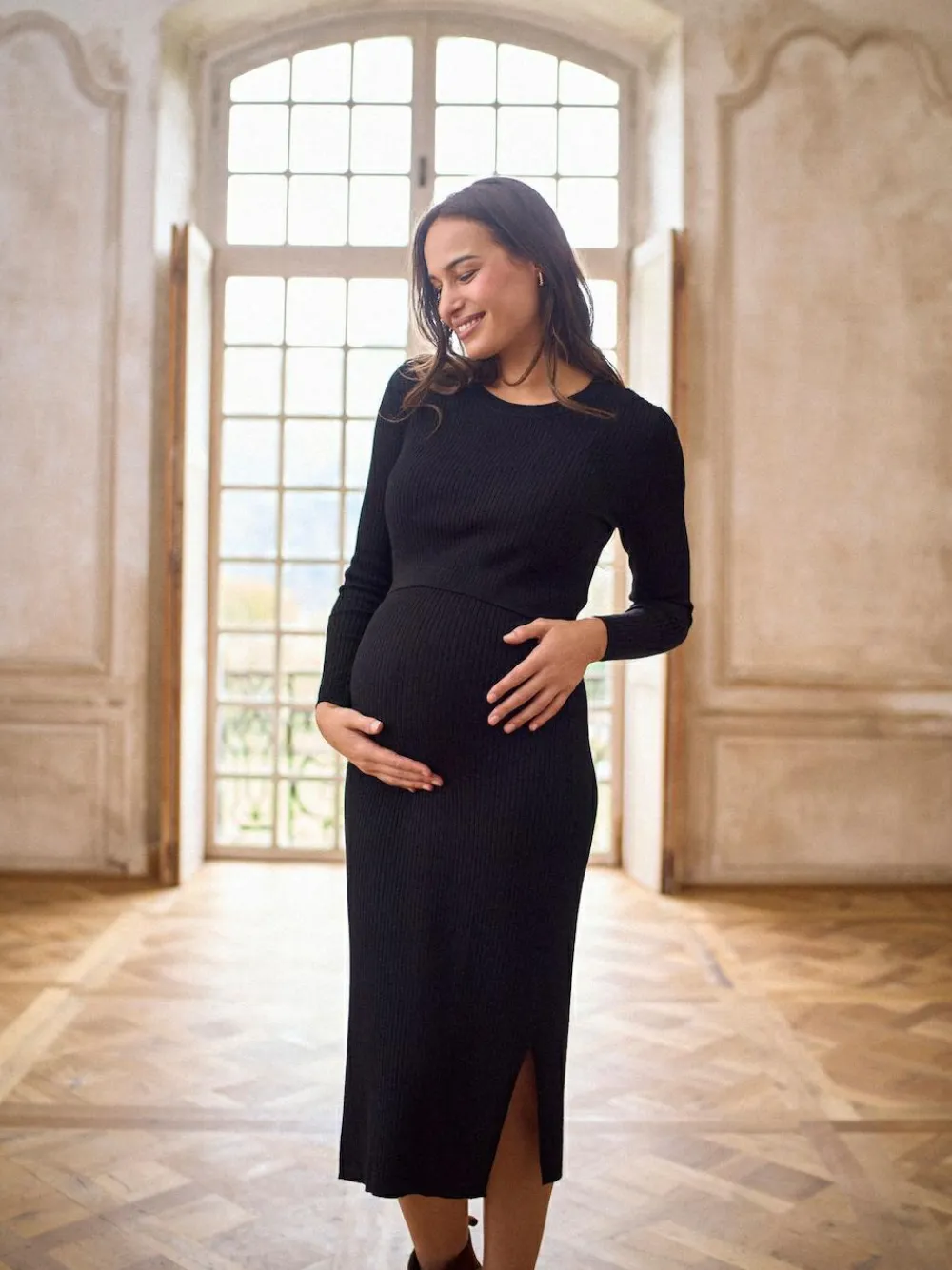 New Seraphine Black Crew Neck Layered Knit Maternity Dress