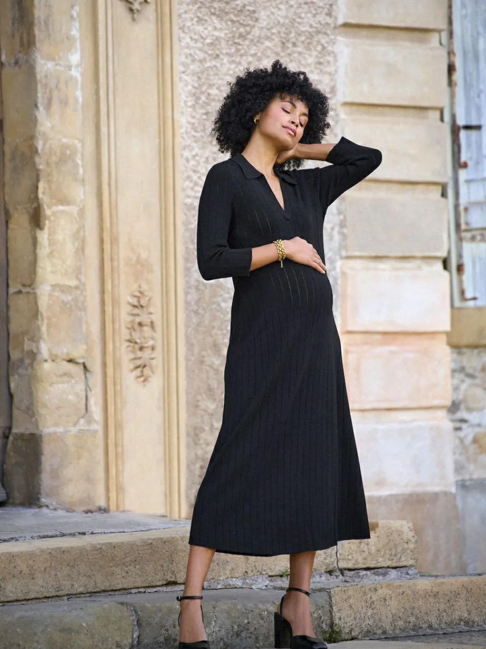 Clearance Seraphine Black Maternity Pointelle Knit Dress