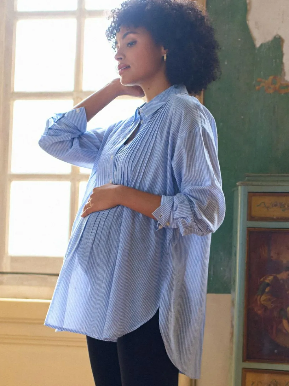 Seraphine Blue & White Stripe Maternity Pintuck Shirt^Women Blouses & Shirts