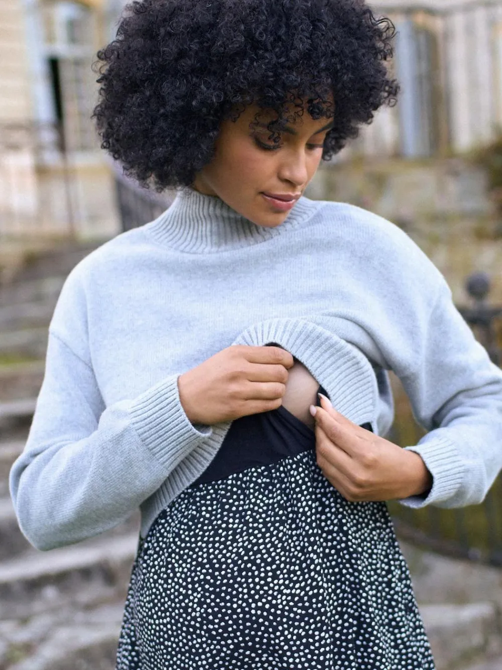 Sale Seraphine Grey Marl & Black Dot Maternity & Nursing Knit Top Dress