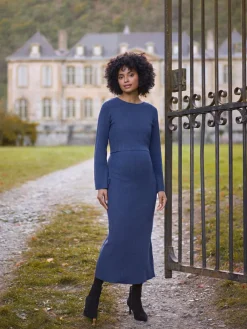 Seraphine Navy Blue Ribbed Knitted Maternity and Nursing Midi Dress^Women Dresses