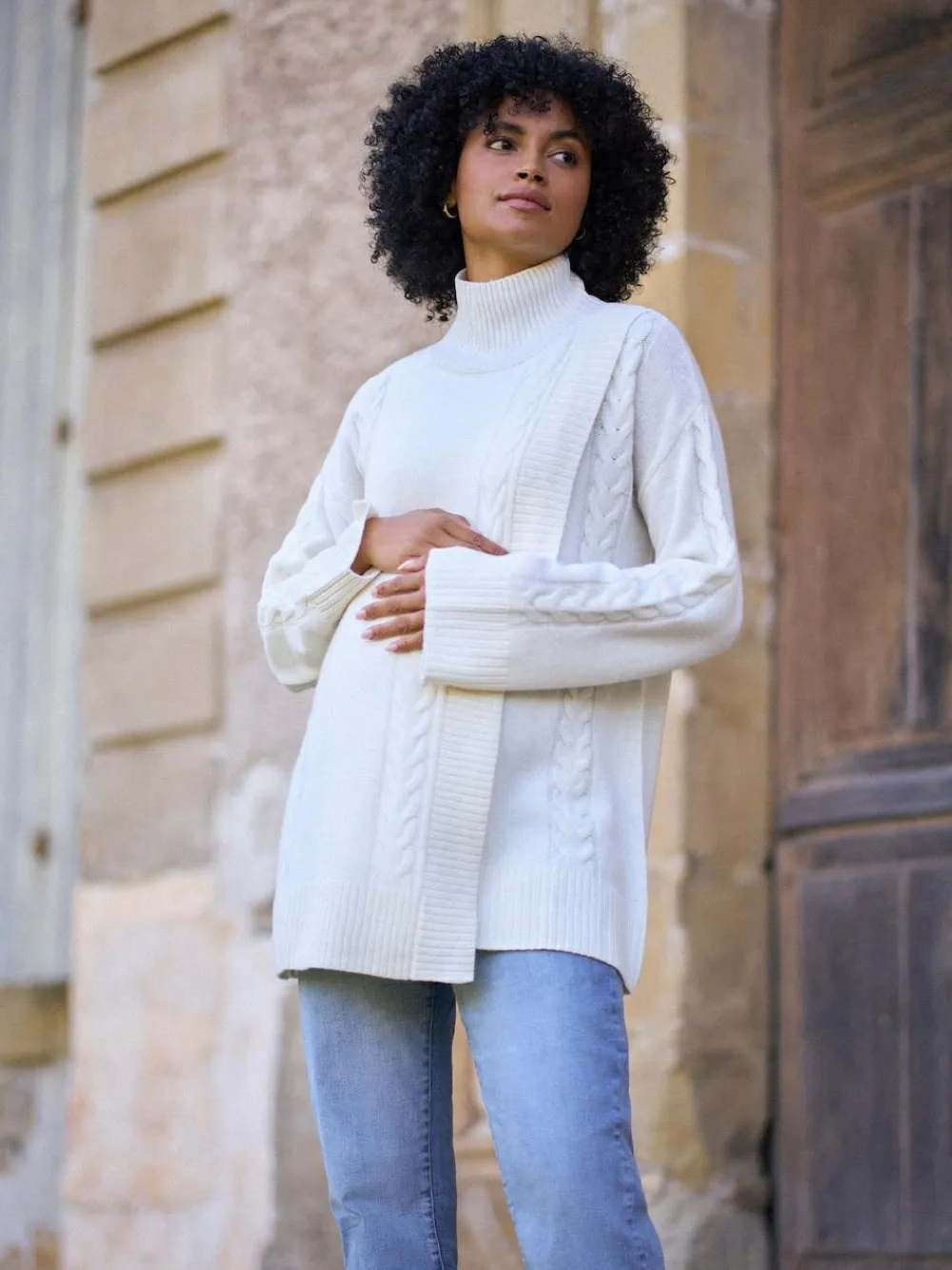Clearance Seraphine White Ivory Premium 100% Merino Wool Maternity & Nursing Longline Jumper