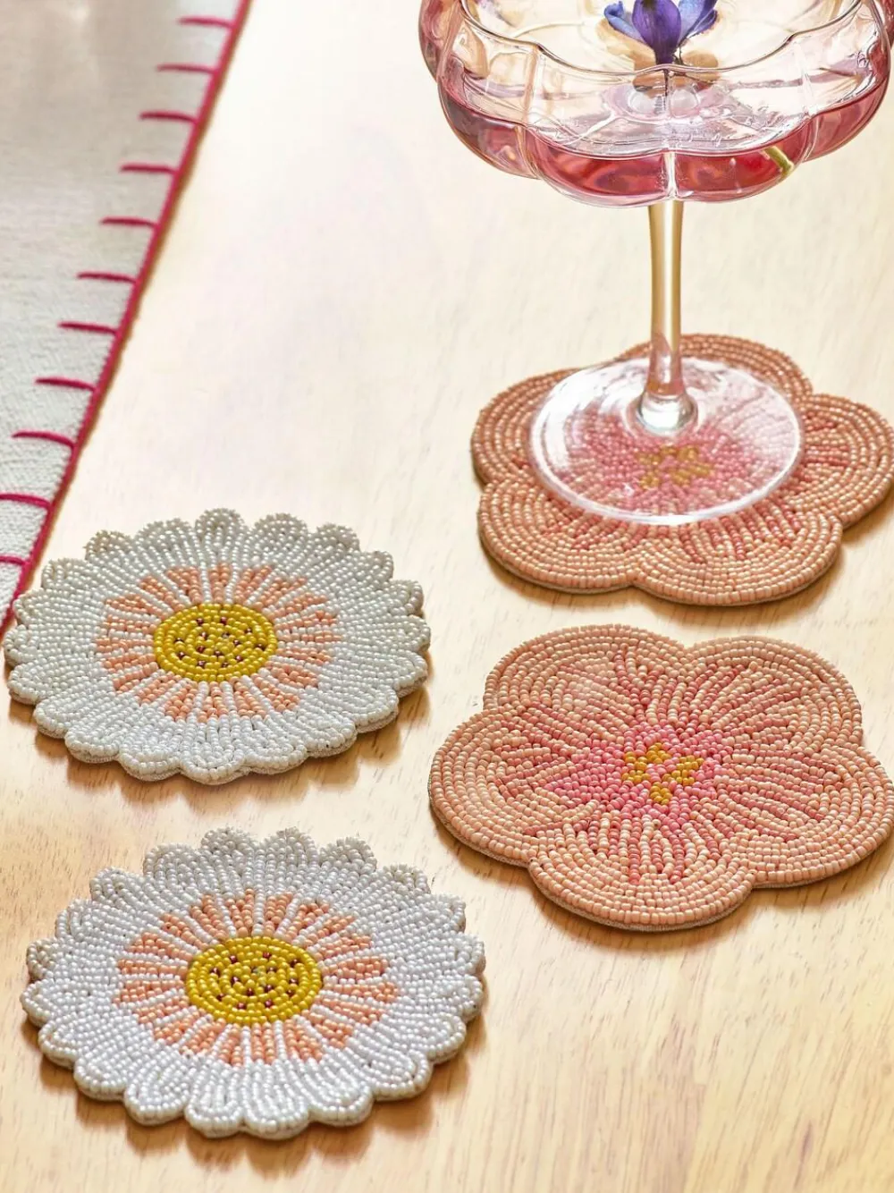 Sale Next Set of 4 Pink Floral Beaded Coasters