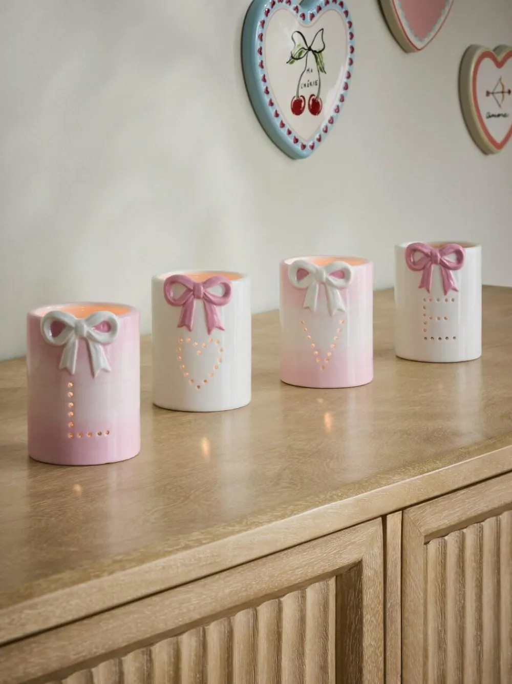 Best Next Set of 4 Pink/White Ceramic Bow 'Love' Tea Light Holders