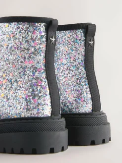 Next Silver Glitter Wide Fit (G) Warm Lined Lace-Up Ankle Boots^ Boots|Boots & Wellies