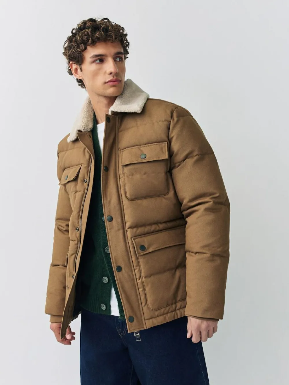 Next Tan Brown Canvas Worker Puffer Jacket With Borg Collar^ Coats & Jackets|Coats & Jackets