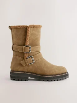 New Next Extra Wide Fit Forever Comfort® Double Buckle Faux Fur Lined Ankle Boots Tan Brown