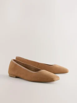Next Tan Brown Forever Comfort® Leather Square Toe Ballerina Shoes^Women Flats