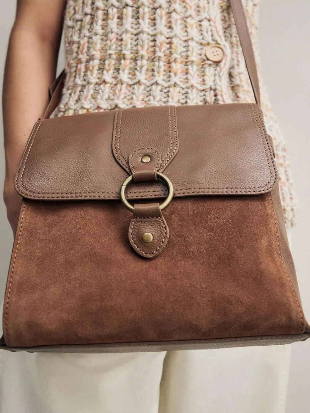 New Next Tan Brown Leather Pocket Messenger Bag