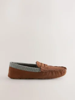 New Next Signature Suede Fabric Trim Moccasin Slippers Tan Brown