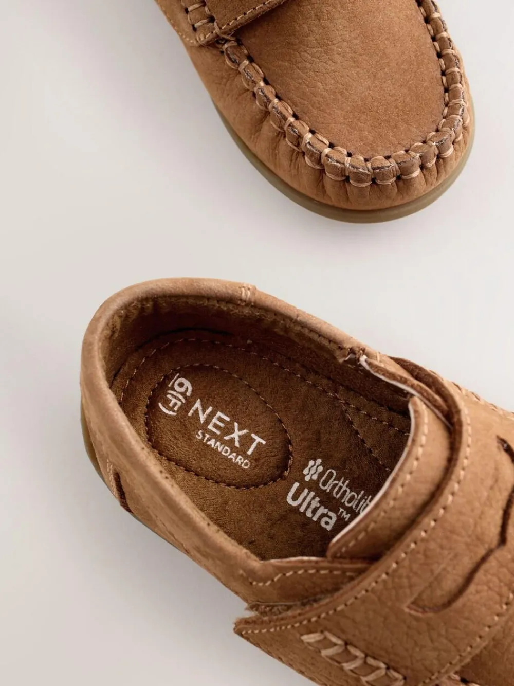 Next Tan Brown Standard Fit (F) Leather Penny Loafers with Touch and Close Fastening^ Shoes