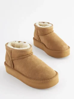 New Next Tan Brown Standard Fit (F) Flatform Mini Warm Lined Water Repellent Suede Pull-On Boots