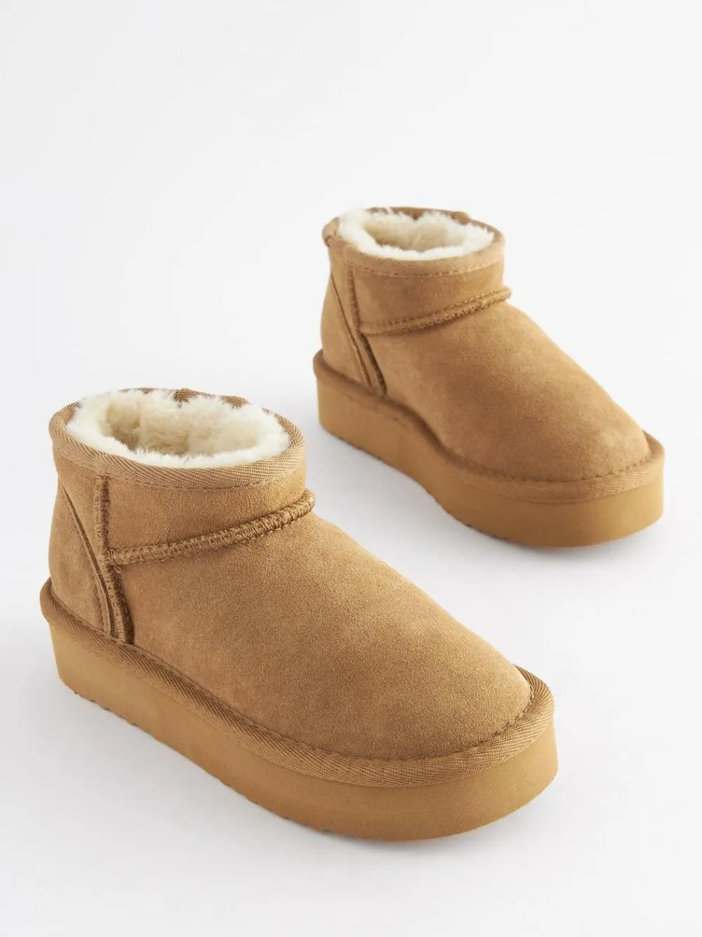 New Next Tan Brown Standard Fit (F) Flatform Mini Warm Lined Water Repellent Suede Pull-On Boots