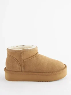 New Next Tan Brown Standard Fit (F) Flatform Mini Warm Lined Water Repellent Suede Pull-On Boots