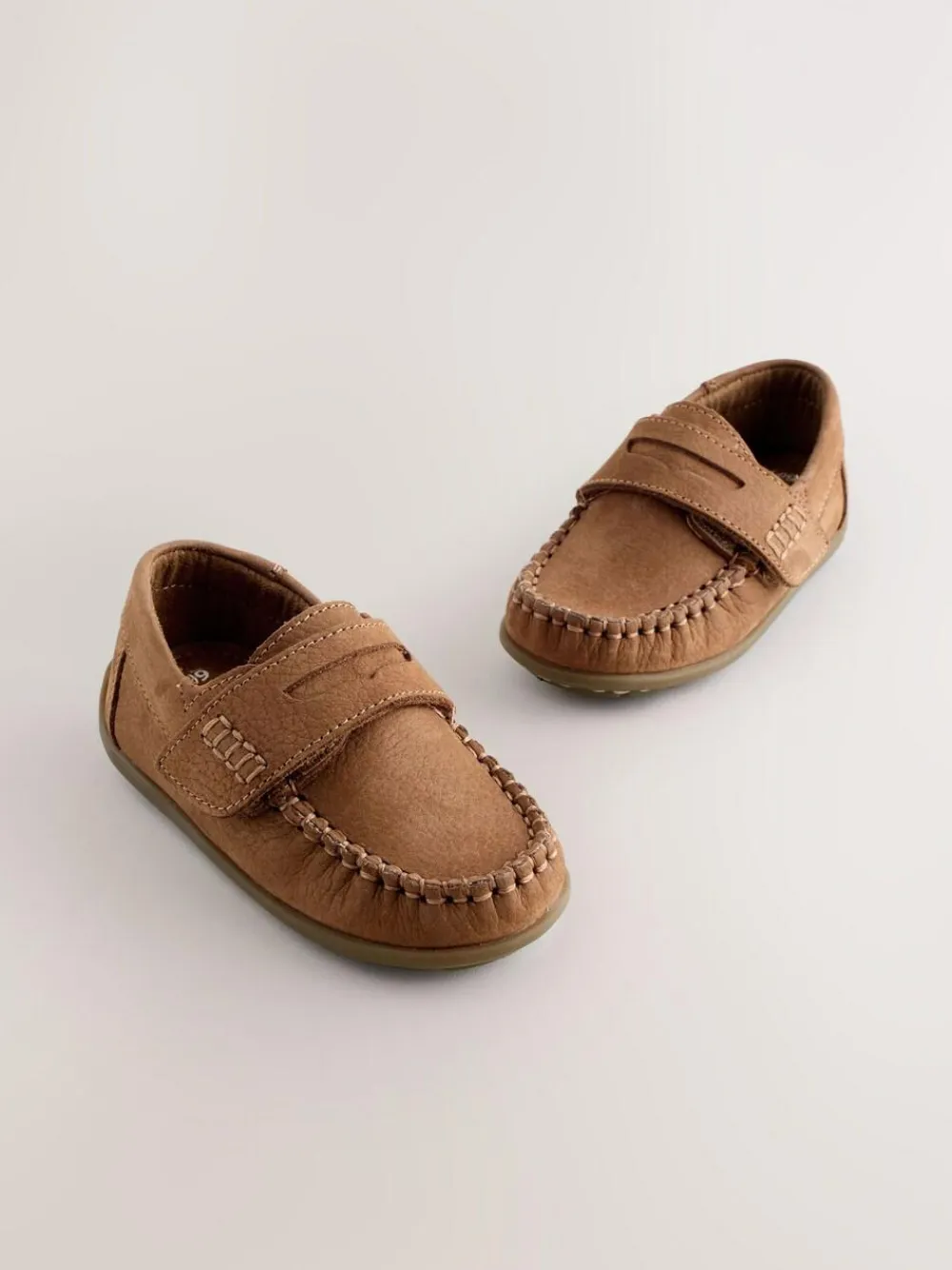 Next Tan Brown Wide Fit (G) Leather Penny Loafers with Touch and Close Fastening^ Shoes