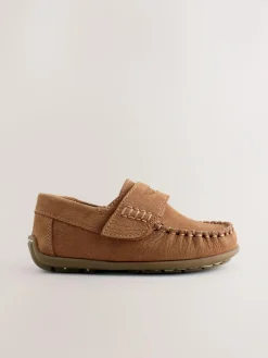 Next Tan Brown Wide Fit (G) Leather Penny Loafers with Touch and Close Fastening^ Shoes