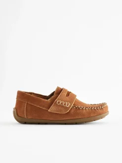 Hot Next Wide Fit (G) Leather Penny Loafers with Touch and Close Fastening Tan Brown