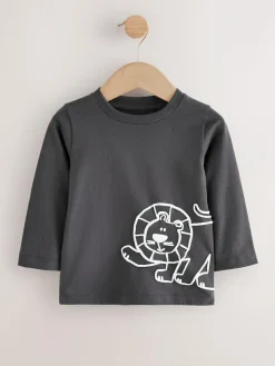 Discount Next Tan/White/Black Safari Long Sleeve Graphic Print T-Shirts 3 Pack (3mths-7yrs)