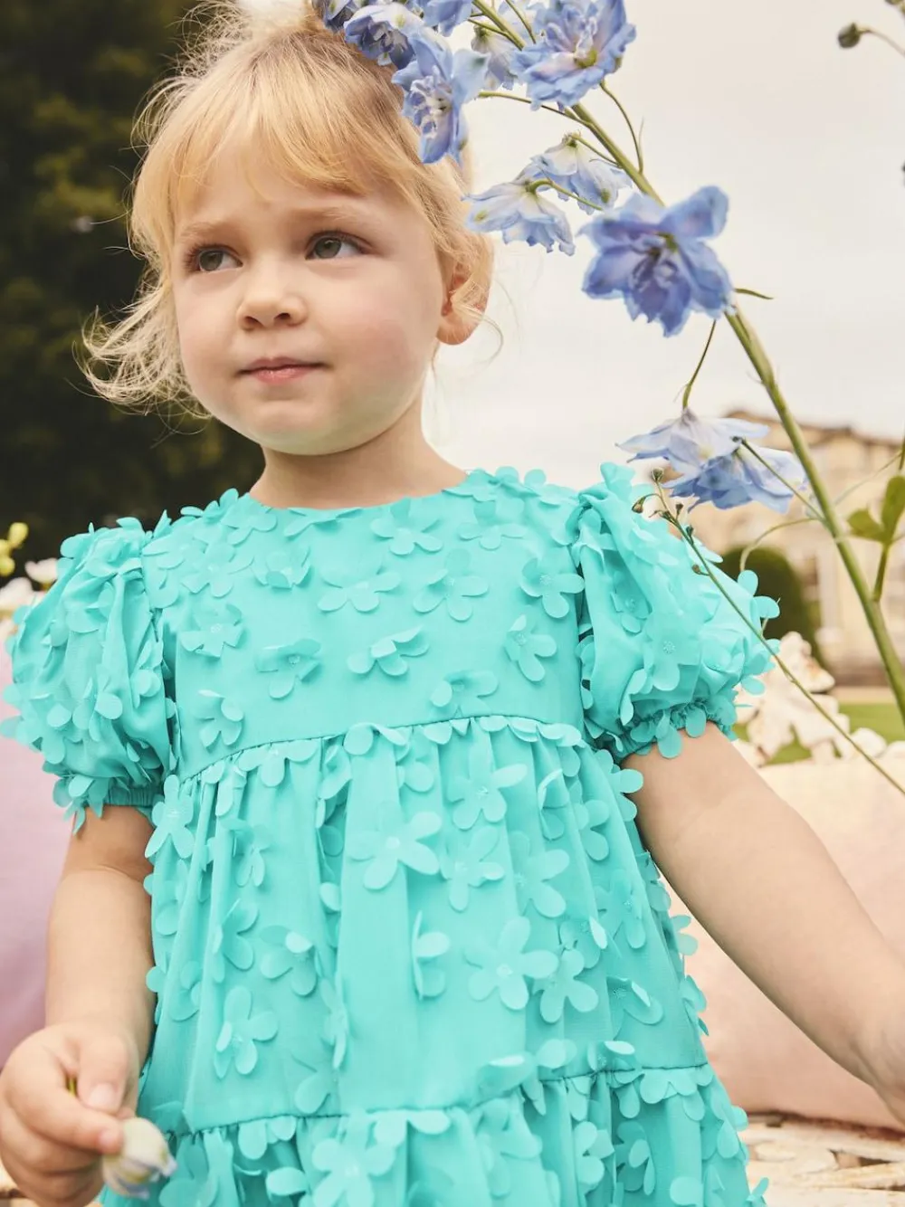Clearance Next Short Sleeve 3D Flowers Dress (3mths-8yrs) Teal Blue