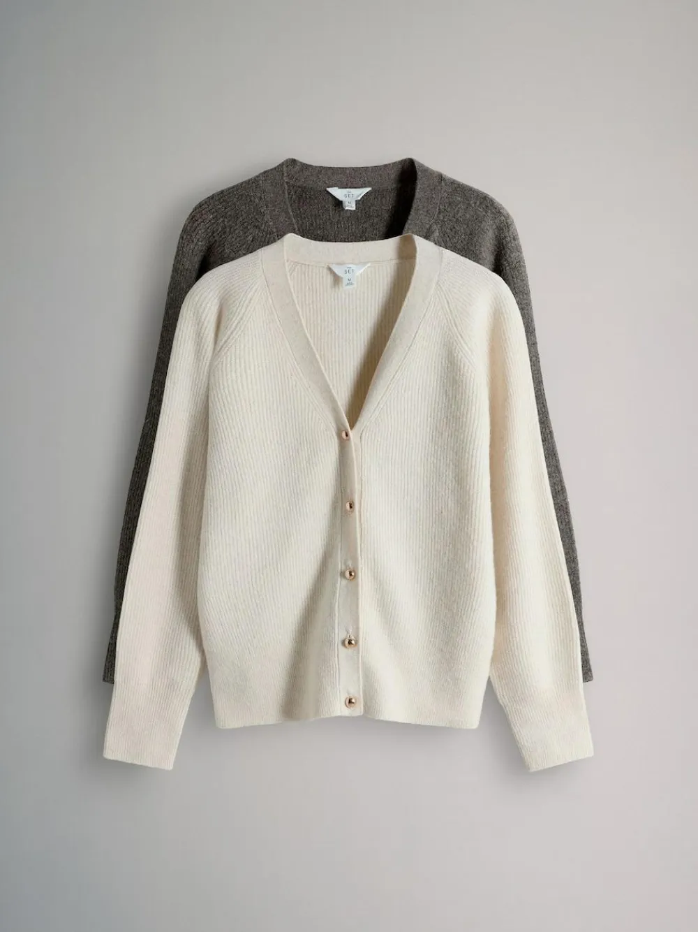Outlet The Set 2 Pack Chunky Rib Knitted Cardigans With Wool Brown Marl/Cream