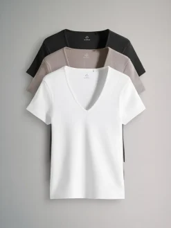 The Set 3 Pack Ribbed V-Neck Short Sleeved T-Shirts Black/White/Taupe Brown^Women Nightwear|Tops & T-Shirts
